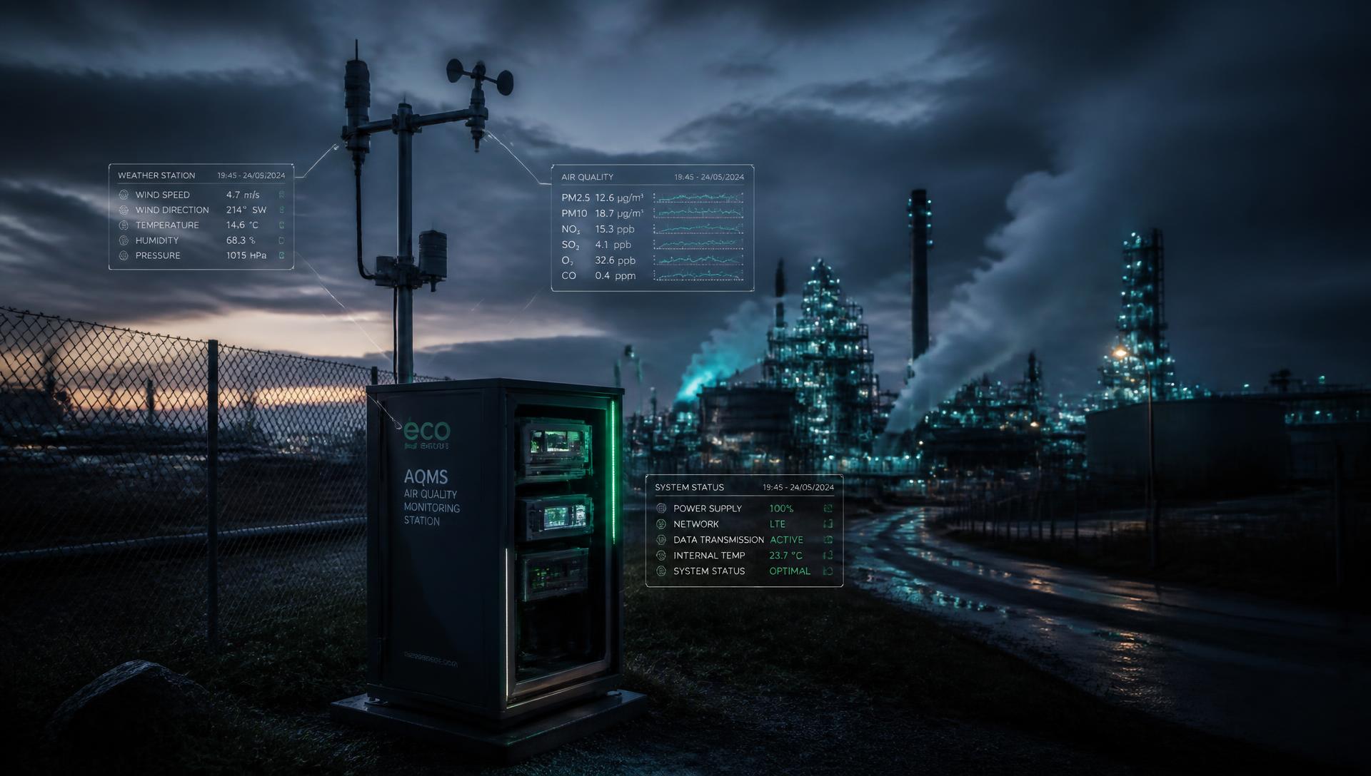 Air quality monitoring station operating beside an industrial facility at night