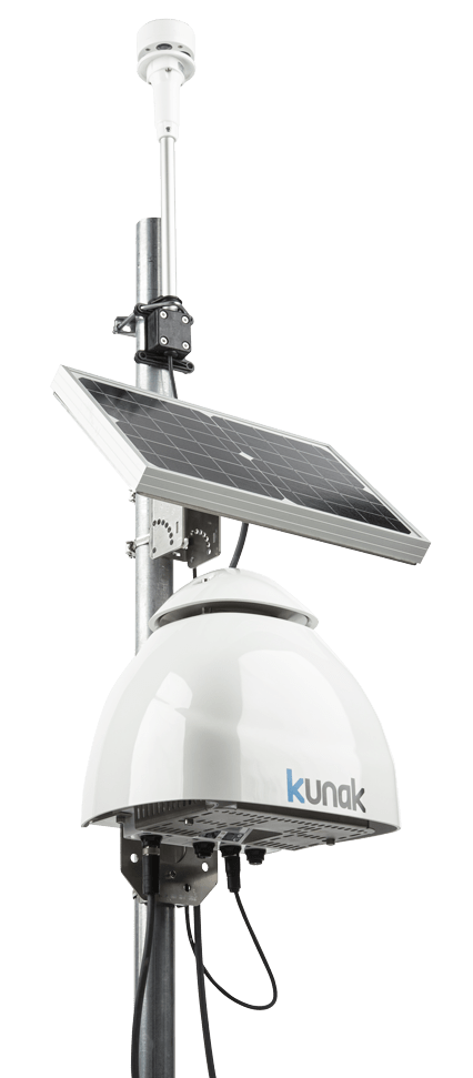 Pole-mounted Kunak Air Pro with solar panel and meteorological sensor