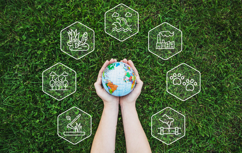 Illustration of connected environmental and industrial monitoring themes