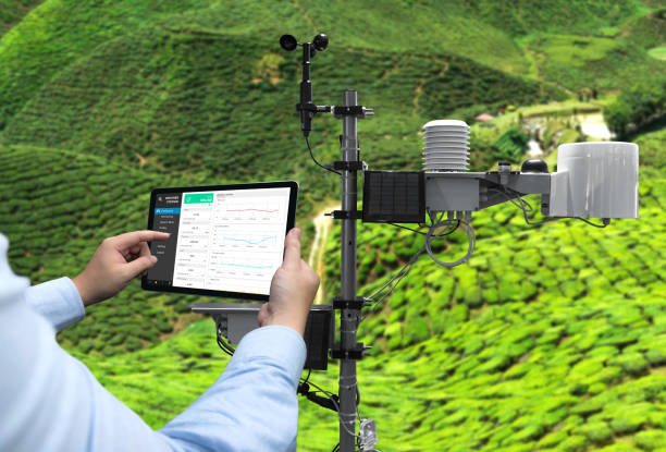 Field engineer reviewing live weather-station data on a tablet